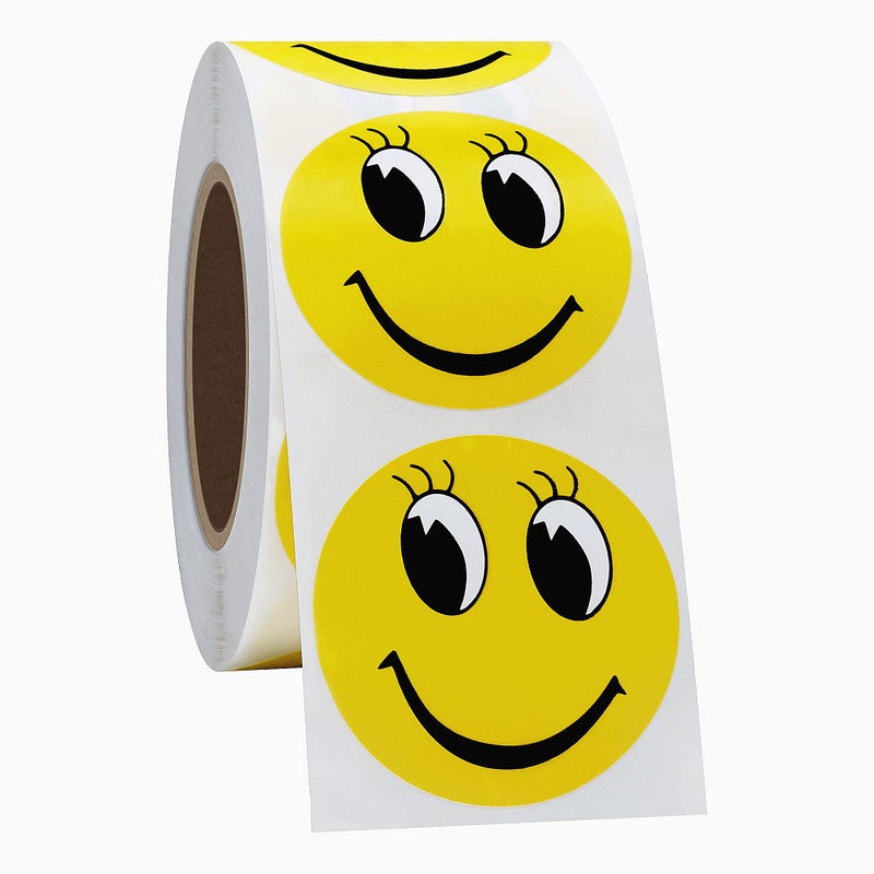 Hybsk Yellow Happy Face with Eyelash Happy Stickers 1.5" Round Teacher Labels 500 Total Per Roll - Image 3
